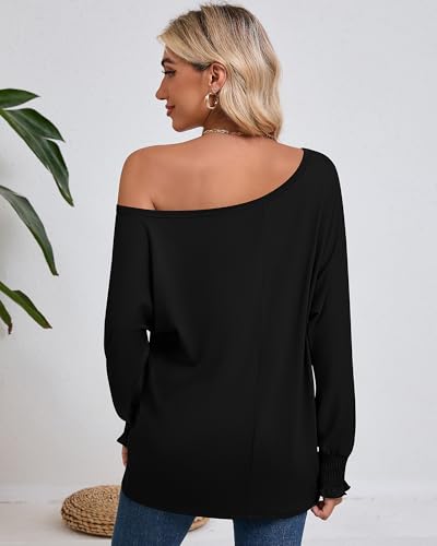 Women's Loose Fit Off-The-Shoulder Tops with Bat Sleeves and Ruffle Details