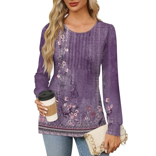 2025 Women's Spring Pleated Tunic Tops: Long Sleeve Floral Blouses & Plus Size Shirts