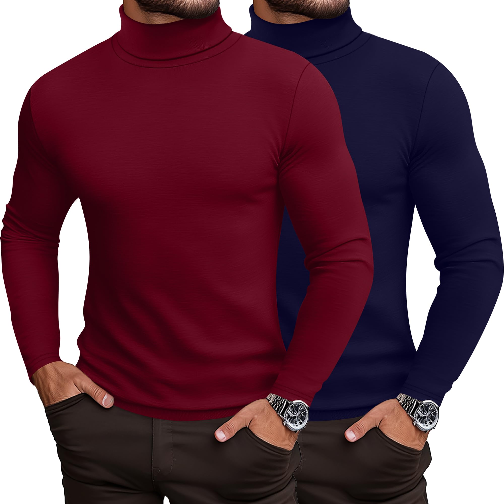 2-Pack Men's Slim Fit Lightweight Cotton Turtleneck Tops