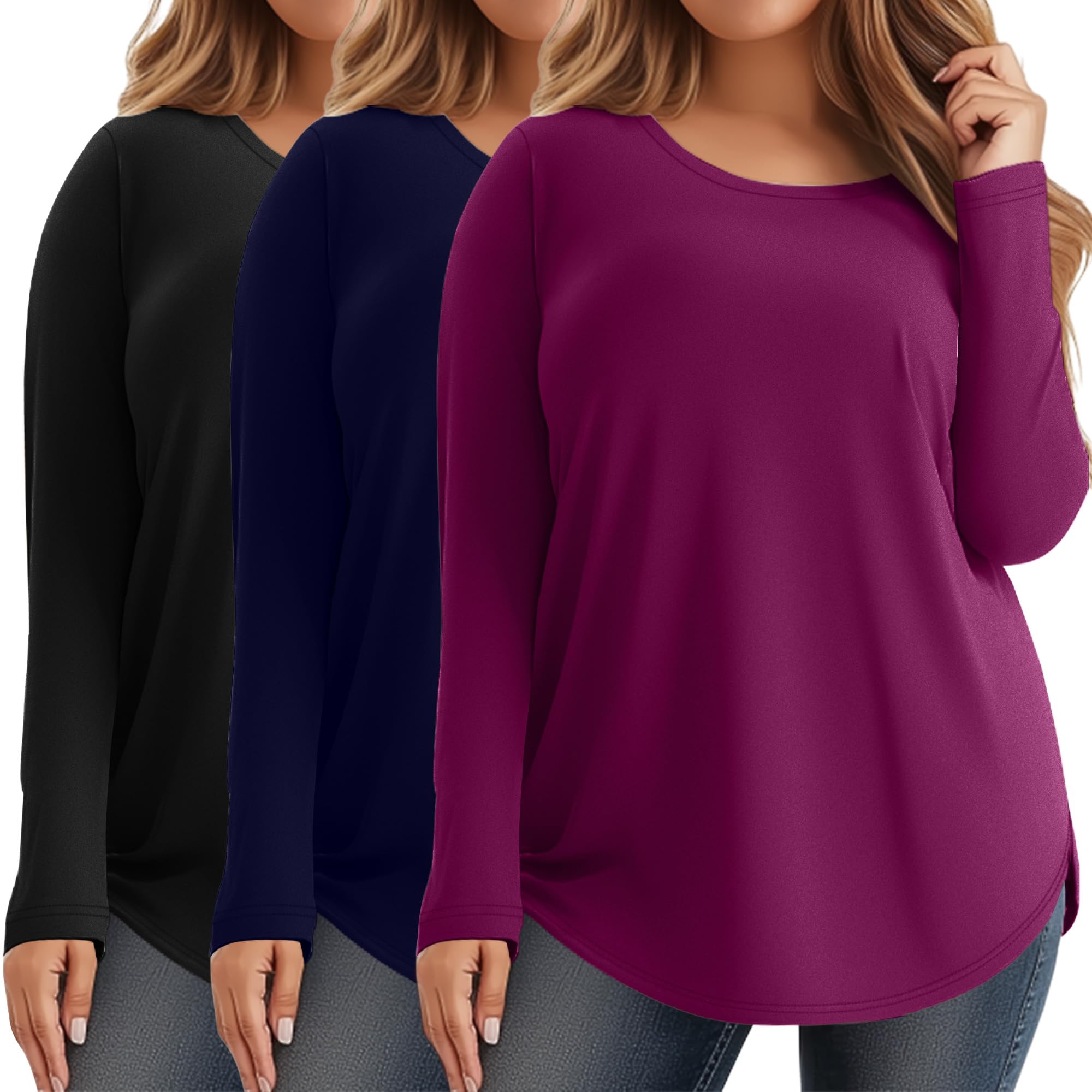 3 Pack Plus Size Women's Long Sleeve Tunic Tops
