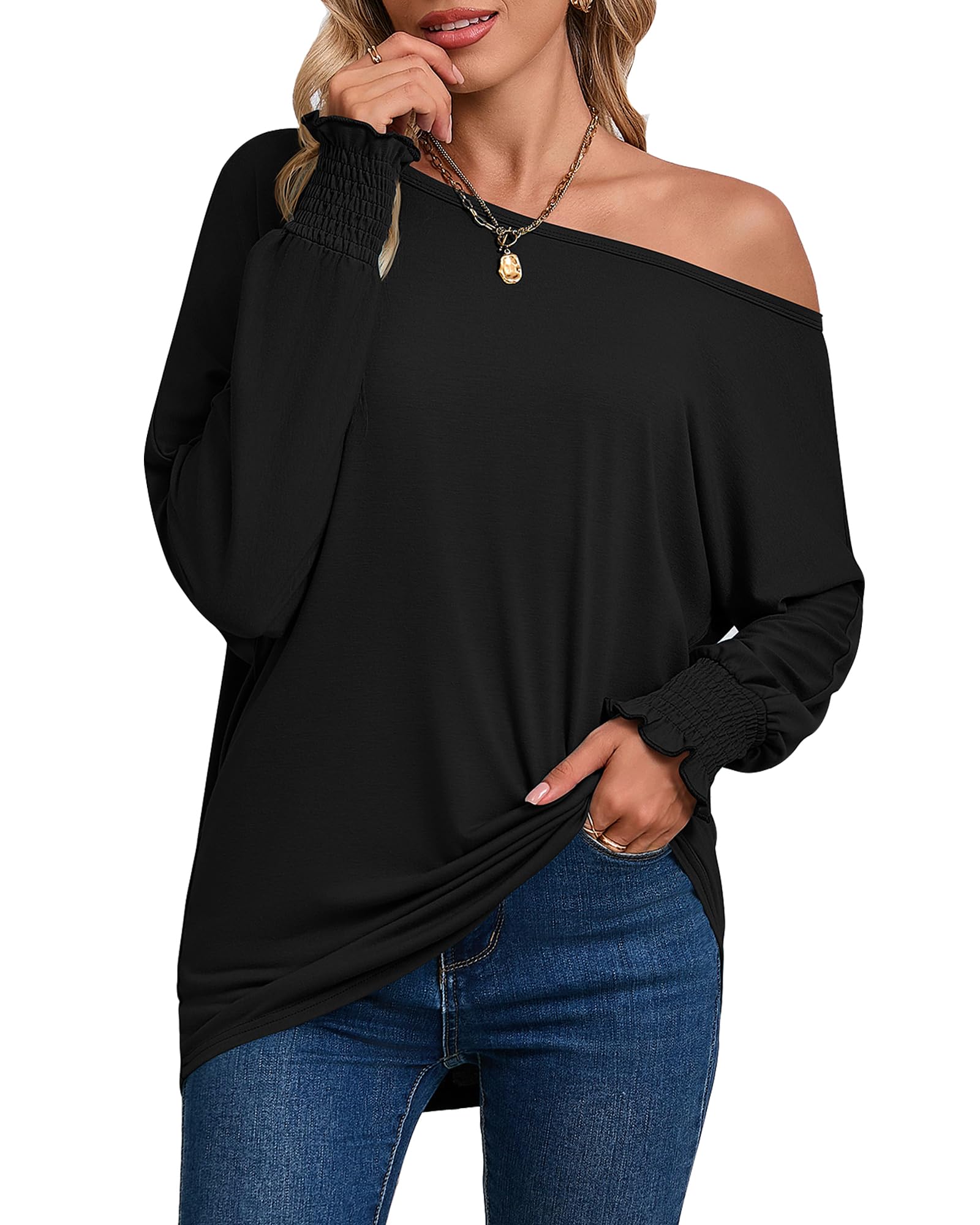 Women's Loose Fit Off-The-Shoulder Tops with Bat Sleeves and Ruffle Details
