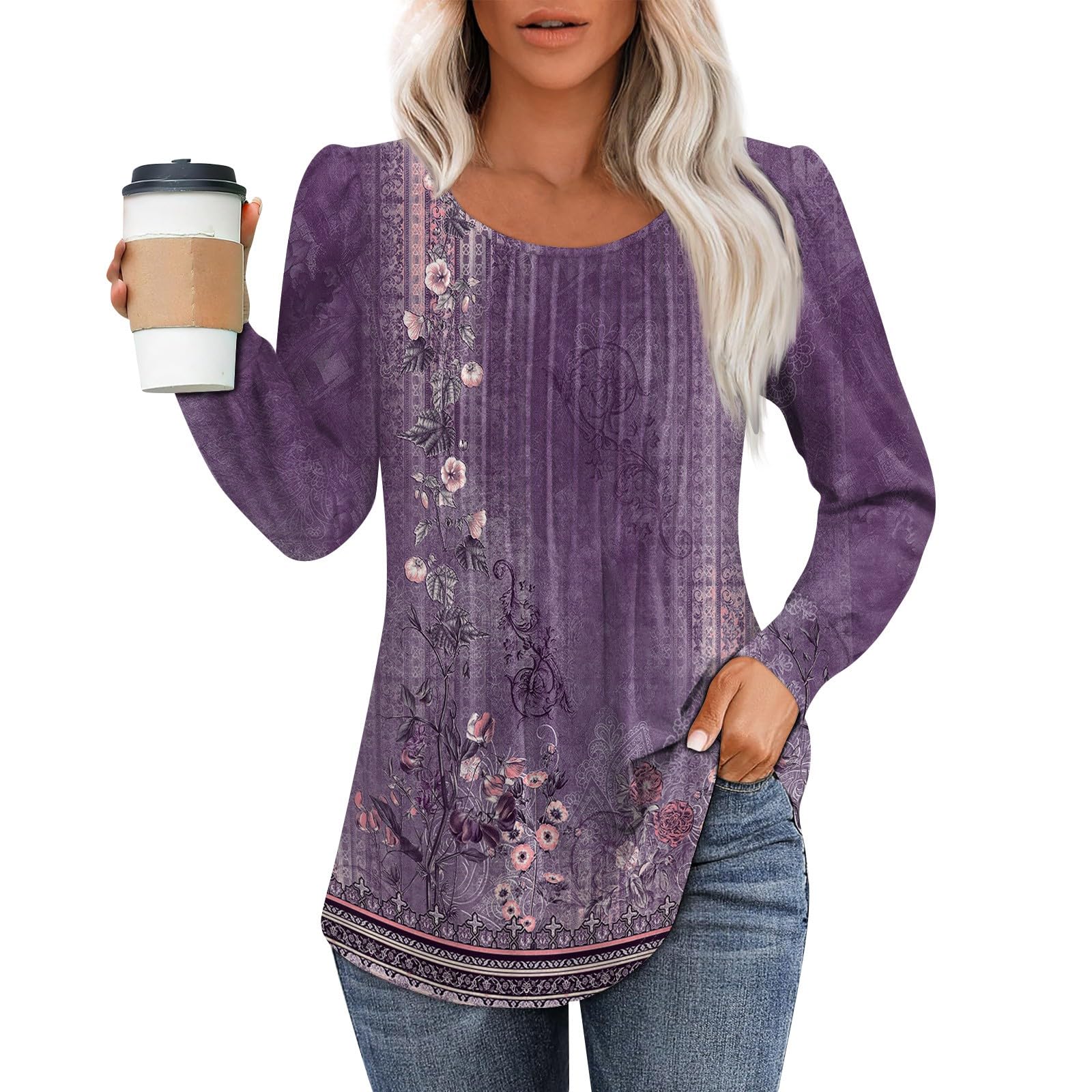 2025 Women's Spring Pleated Tunic Tops: Long Sleeve Floral Blouses & Plus Size Shirts