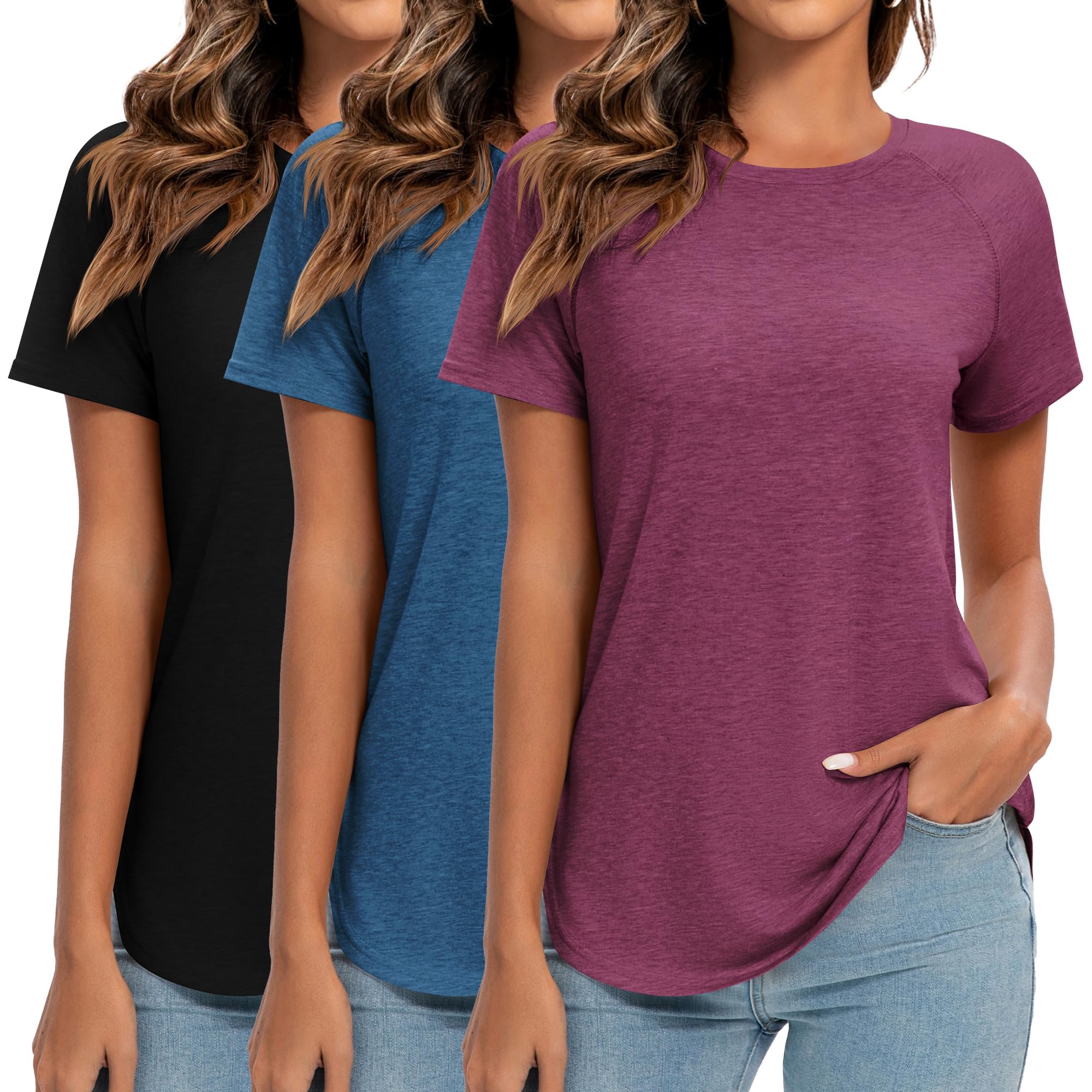 Women's Short Sleeve Shirts with Curved Hem & Side Split
