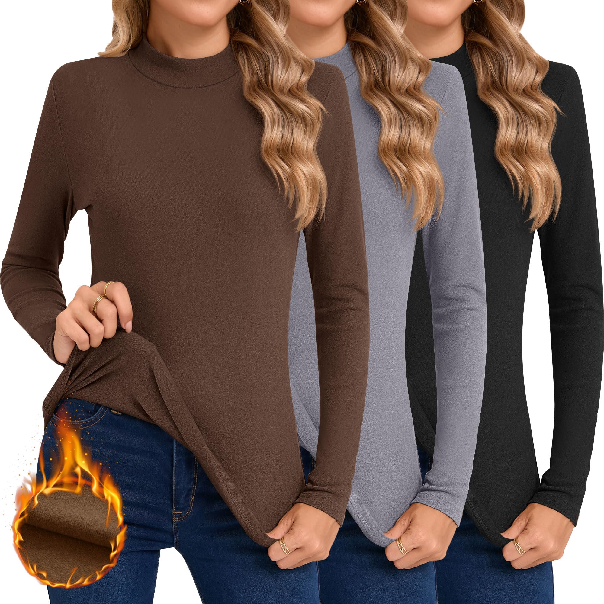 Women's Fleece-Lined Mock Turtleneck Set of 3 Base Layer Tops
