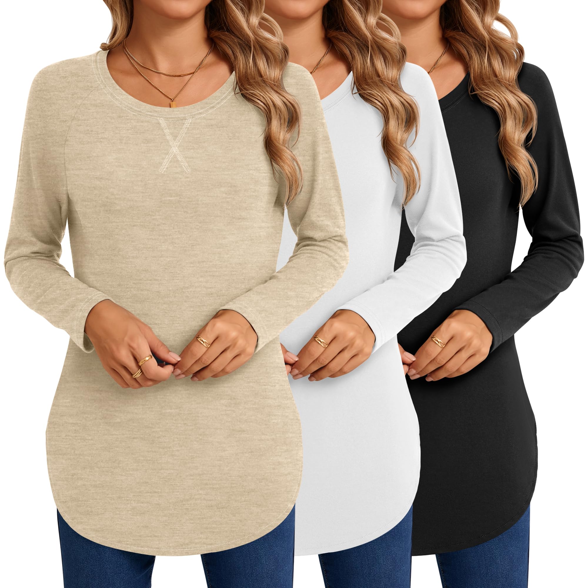 3 Pack Loose Fit Long Sleeve Shirts for Women Casual Tops with Side Split