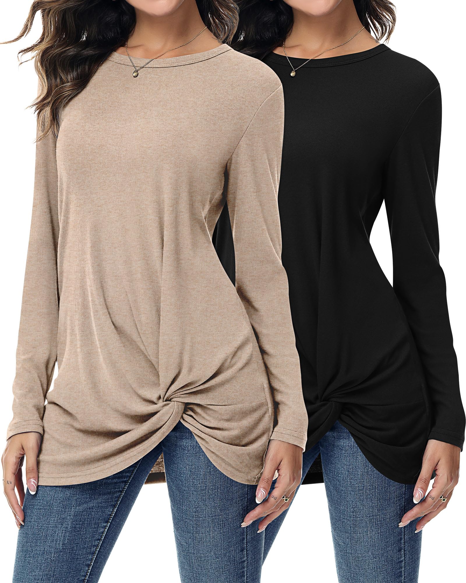 Women's Casual Long Sleeve Twist Knot Tops - Set of 2