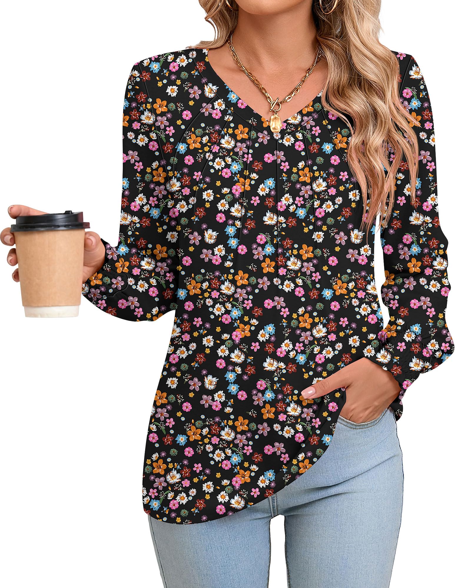 Women's V-Neck Puff Sleeve Tunic Top